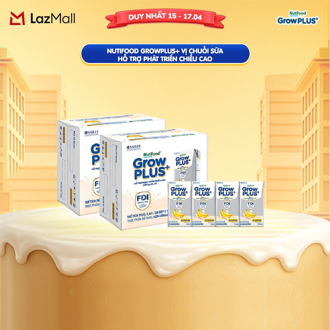 Combo 2 Thùng 24 hộp Sữa bột pha sẵn Nutifood Sweden GrowPLUS+ Vị Chuối Sữa hộp 110ml - Hỗ trợ phát triển chiều cao