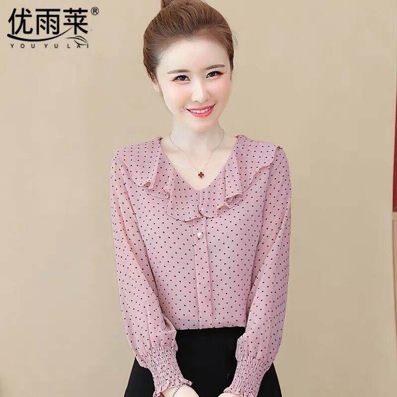 ÁO SƠ MI NỮ CHẤM BI CỔ BÈO TAY NHÚN CAO CẤP