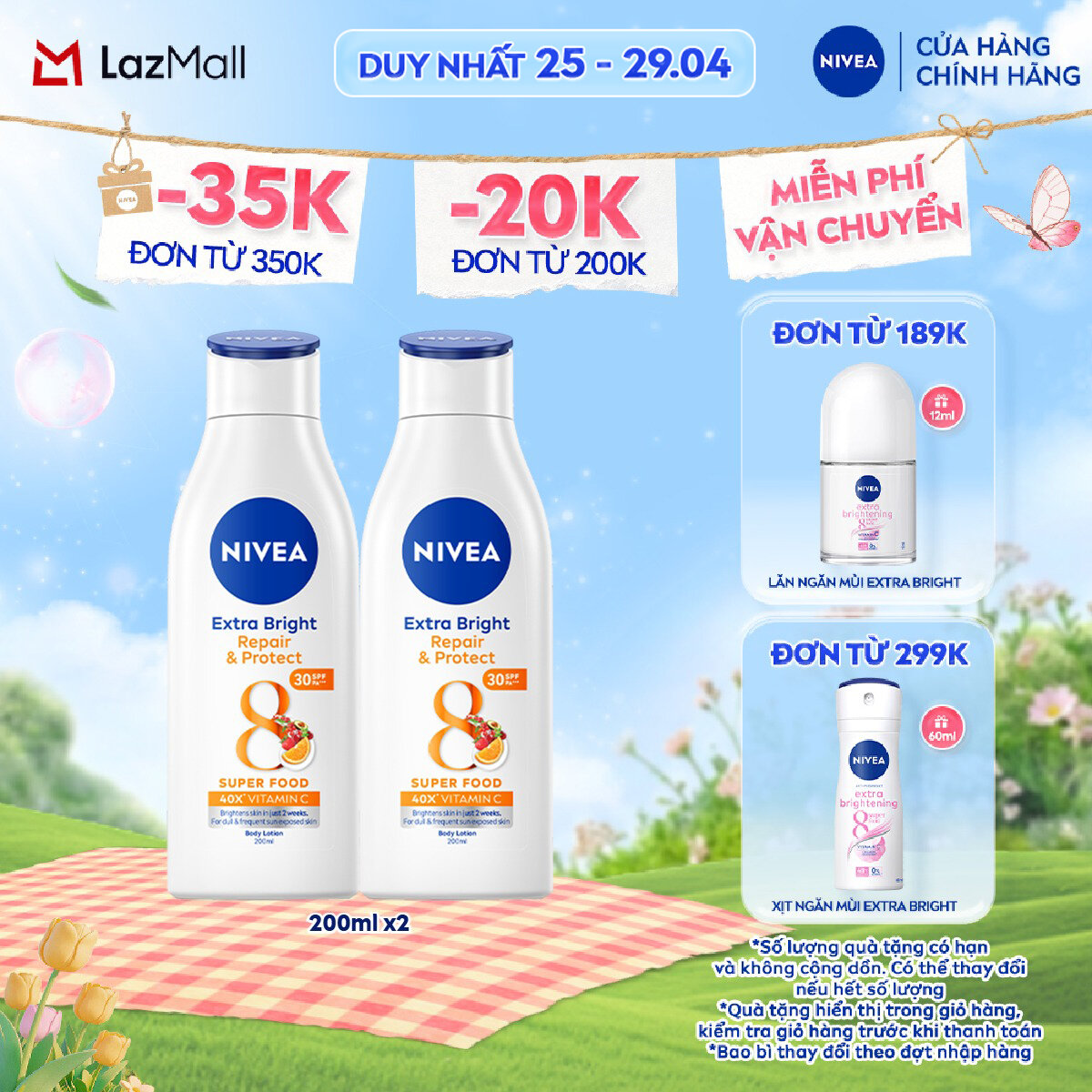 Bộ 2 Sữa Dưỡng Thể NIVEA Extra Bright Phục Hồi  Chống nắng(200ml x2) - 88310x2