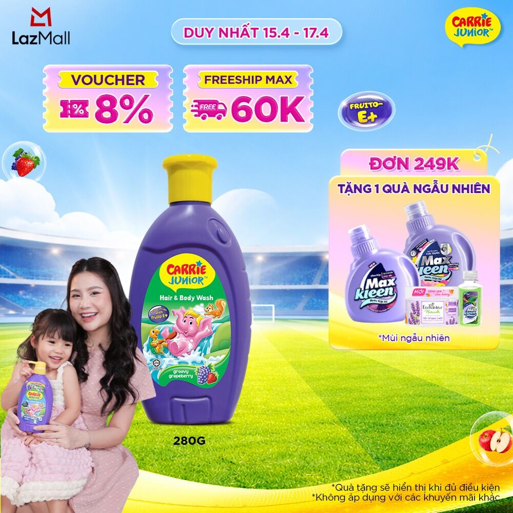 Sữa tắm Gội cho bé Carrie Junior chiết xuất trái cây thiên nhiên hương Grapeberry 280g