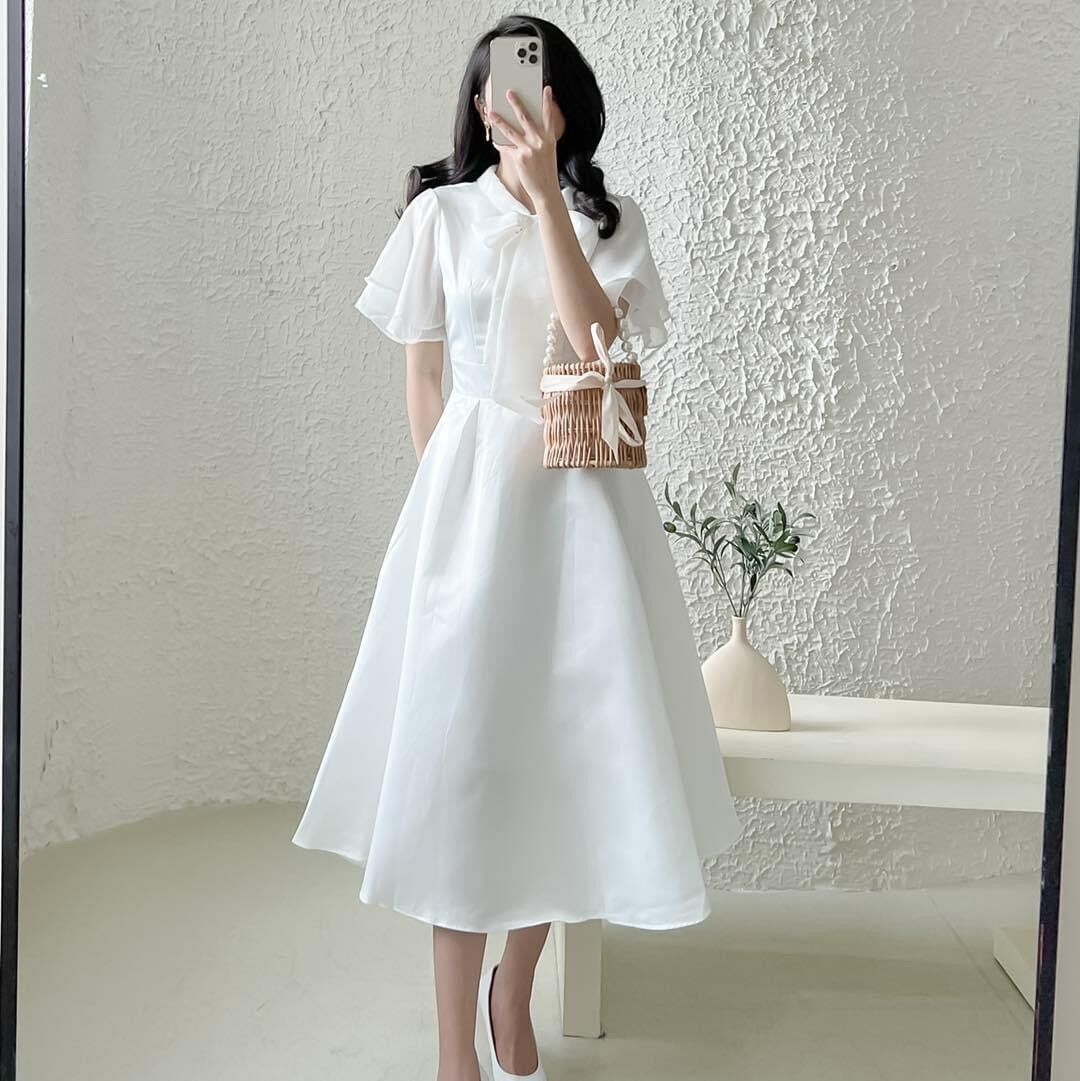 Đầm trắng tay tiên thắt nơ H18