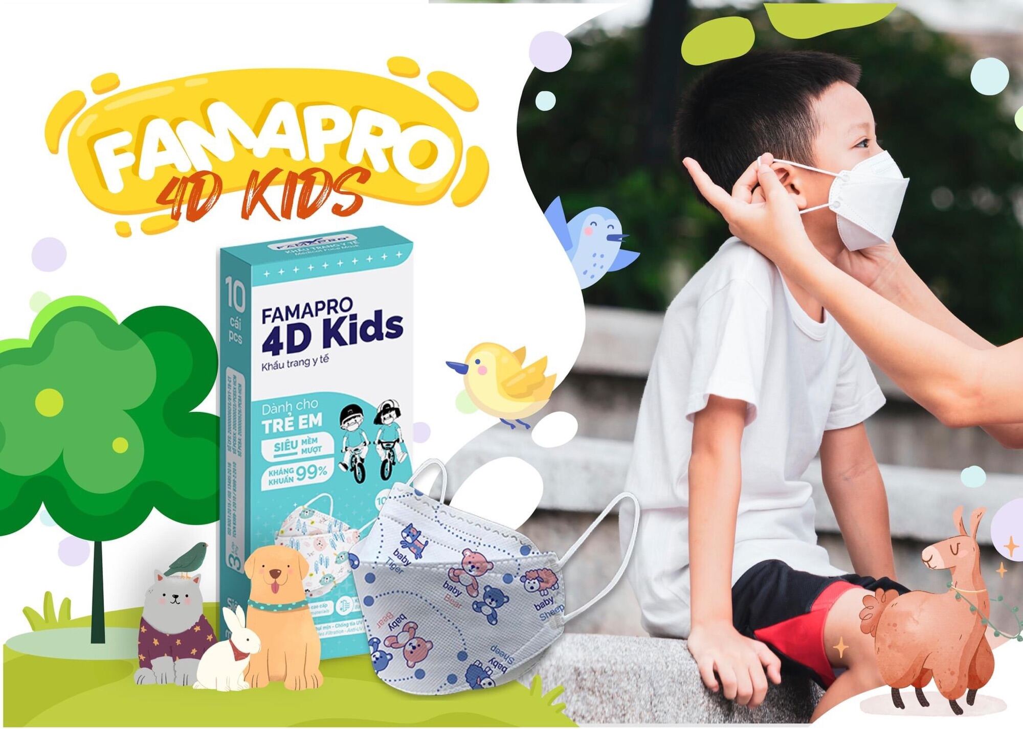 Khẩu trang y tế FAMAPRO 4D Kids 3 lớp kháng khuẩn cho bé 4-10 tuổi (Hộp 10 cái)