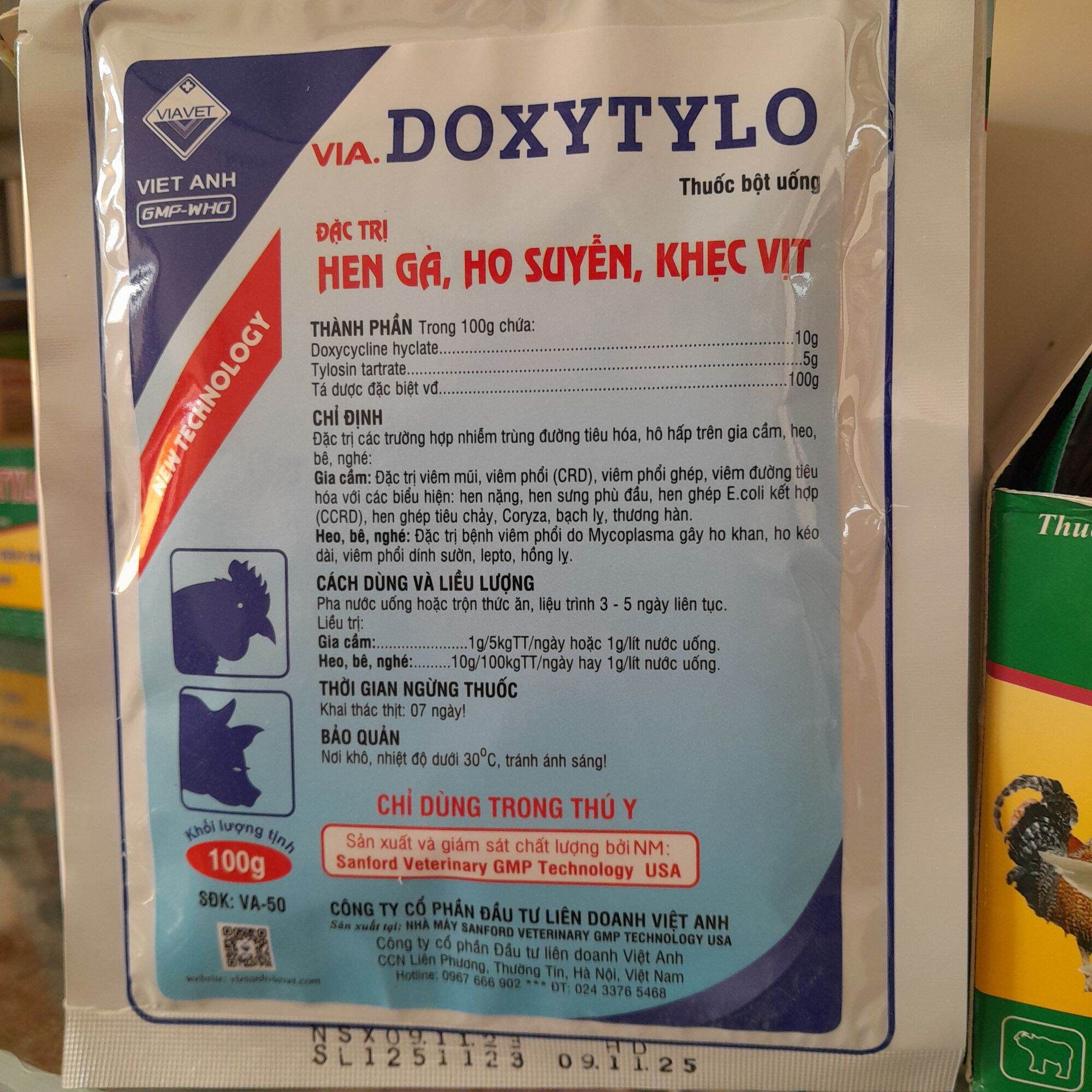 Gà hen, sưng phù đầu, lợn ho viêm ruột tiêu chảy doxy-tylo 100g...