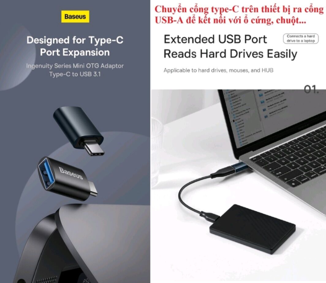Đầu chuyển đổi BASEUS USB 3.1 Type C sang USB
