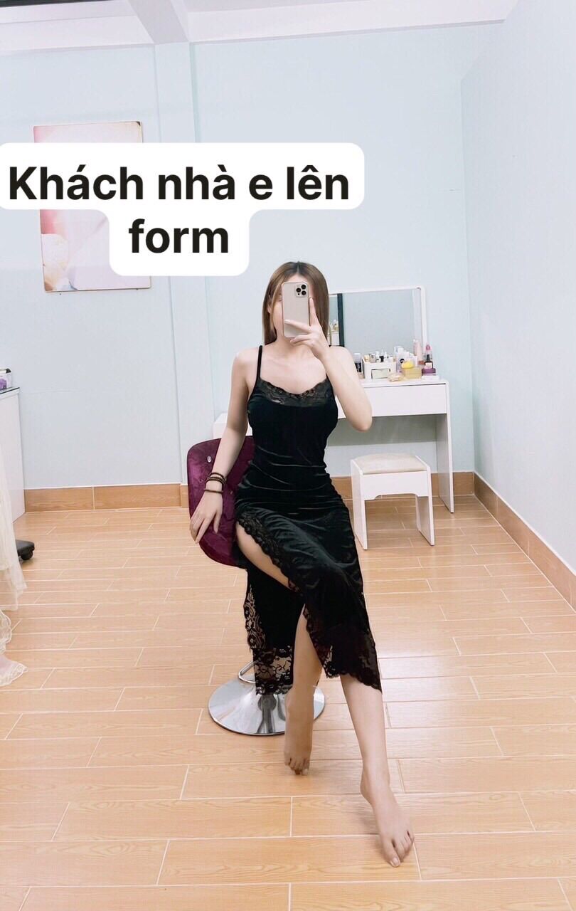 Đầm Nhung body 2 dây phối ren.