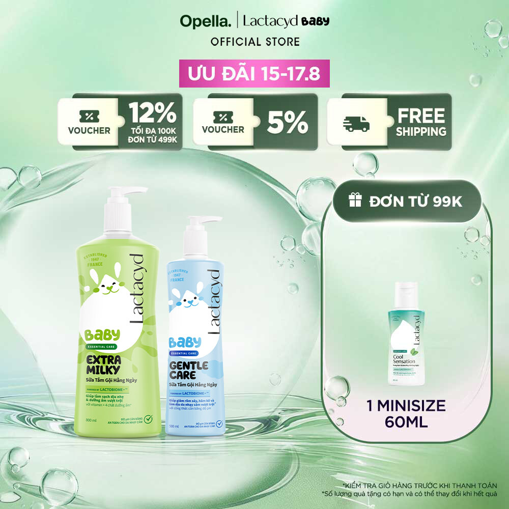 Bộ Sữa Tắm Gội Trẻ Em Lactacyd Baby Extra Milky Làm Sạch Dịu Nhẹ và Dưỡng Ẩm Vượt Trội Size Jumbo 800ml + Chai Sữa Tắm Gội Trẻ Em Gentle Care 500ml