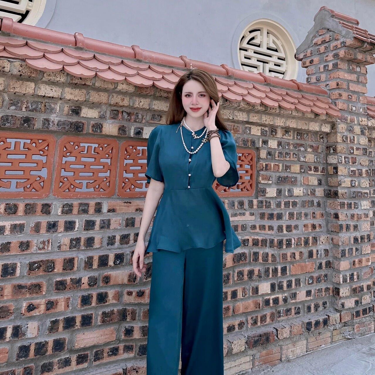 Set đồ lam nền vải chất tơ óng oganza - HN Closet