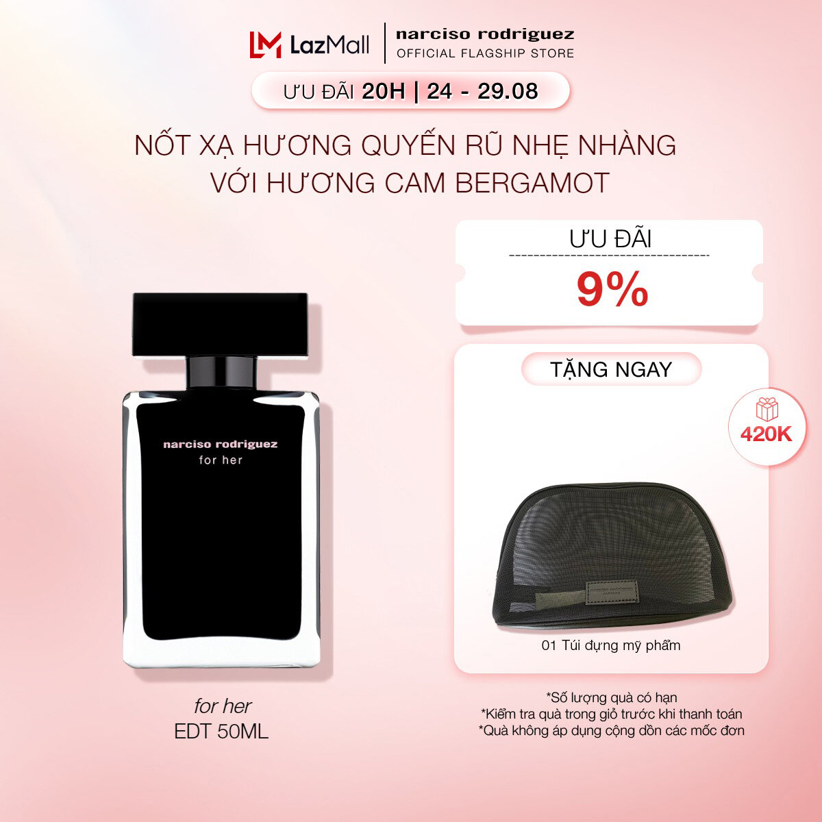 [20H | 24 - 29.08 | ƯU ĐÃI ĐẾN 19% + QUÀ TẶNG 420K] Nước Hoa nữ Narciso Rodriguez For Her Eau De Toilette 50ml