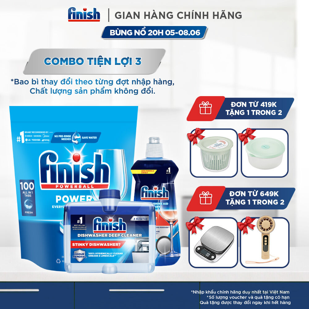 Combo Finish tiện lợi 3:Túi 100 Viên Rửa Bát Finish Everyday Clean  Shine + Nước Làm Bóng Finish 500ml+ Dung Dịch Vệ Sinh Máy Finish 250ml