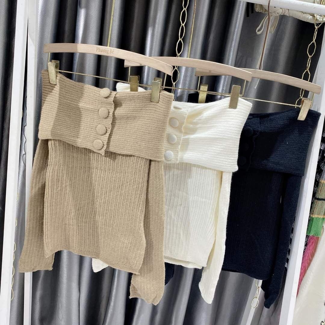 Áo len trễ vai ngang mix 4 khuy điệu đà