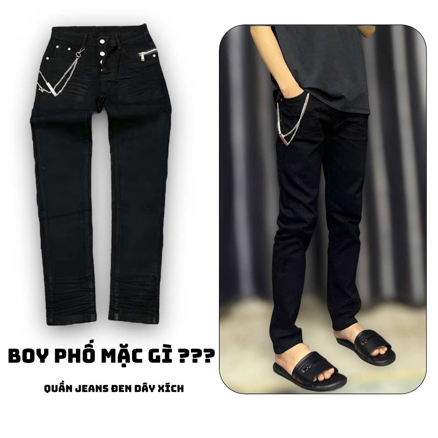 Quần jean bò nam Dsq đen trơn thêu khoá zip ngang viền đùi phối móc dây xích 4 cúc slimfit basic