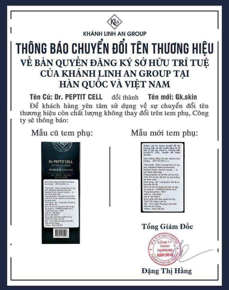 KEM CHỐNG NẮNG GK-SKIN(Dr.PEPTIT CELL cũ)