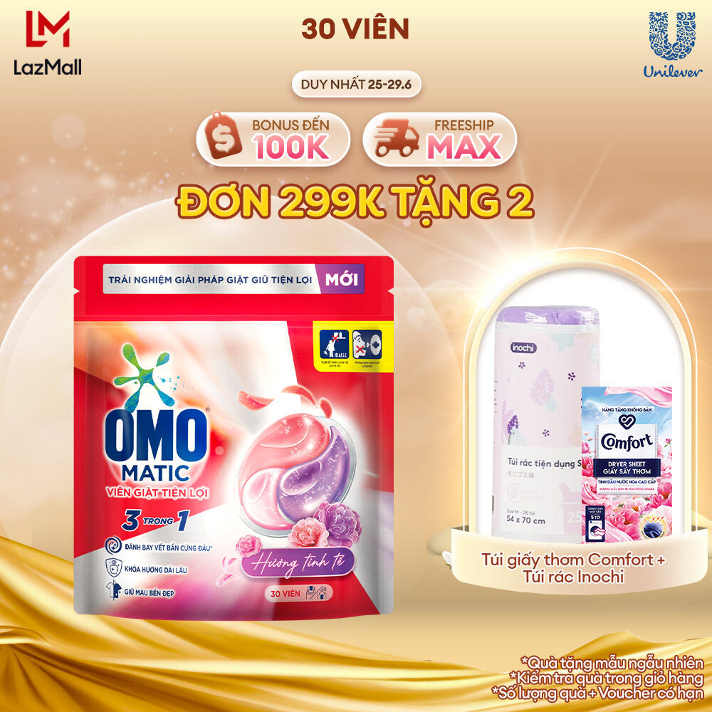 Túi viên giặt tiện lợi OMO 3 trong 1 Hương tinh tế (30 viên/túi)