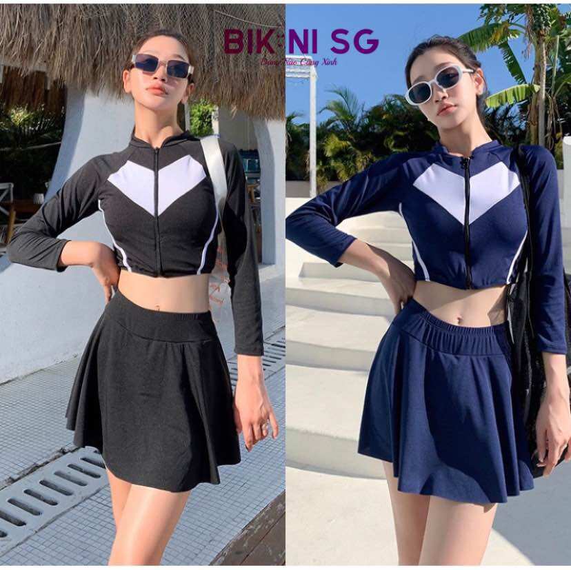 Đồ bơi nữ tay dài dây kéo kín đáo phối váy xoè phong cách thể thao Bikini SG