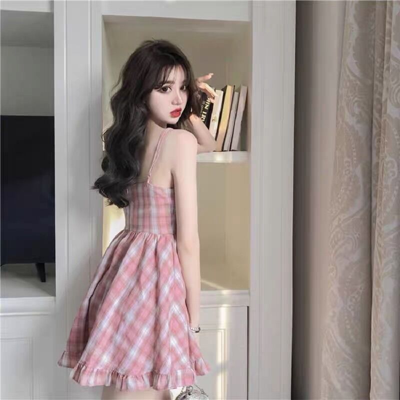 Đầm Caro  Hồng 2 Dây Có Mút Ngực