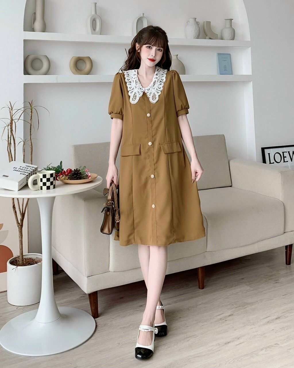 Đầm bầu caro phối ren sang trọng