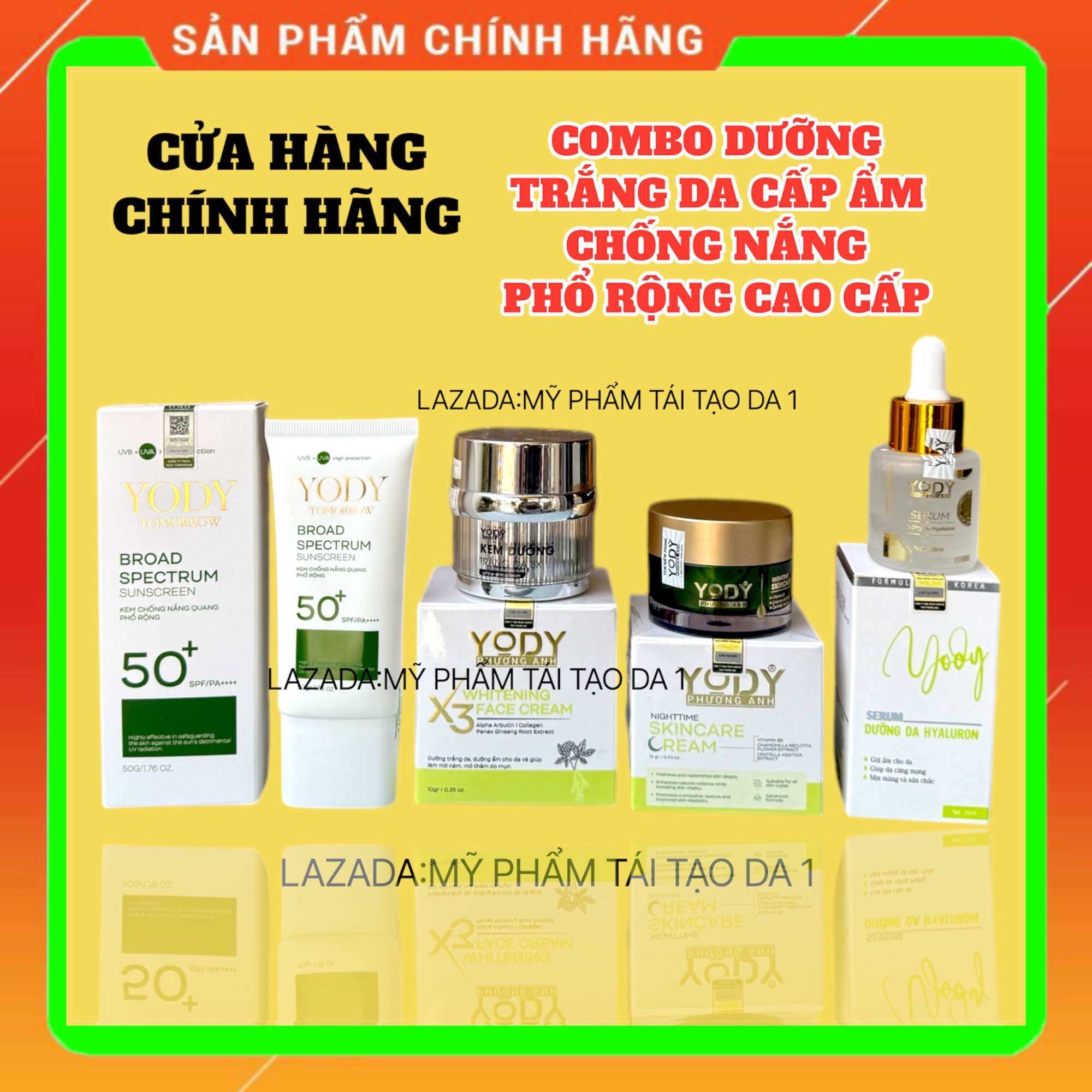 Combo dưỡng phục hồi trắng da ( chống nắng quang phổ rộng,kem ngày 3x, kem đêm , serum phục hồi) Yody phương anh