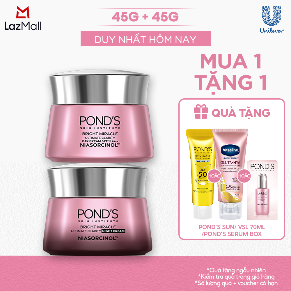 [Combo] Bộ 2 Kem dưỡng sáng da đa tầng ngày  đêm Pond's Bright Miracle mờ thâm sạm với 50X Niasorcinol 45G+45G