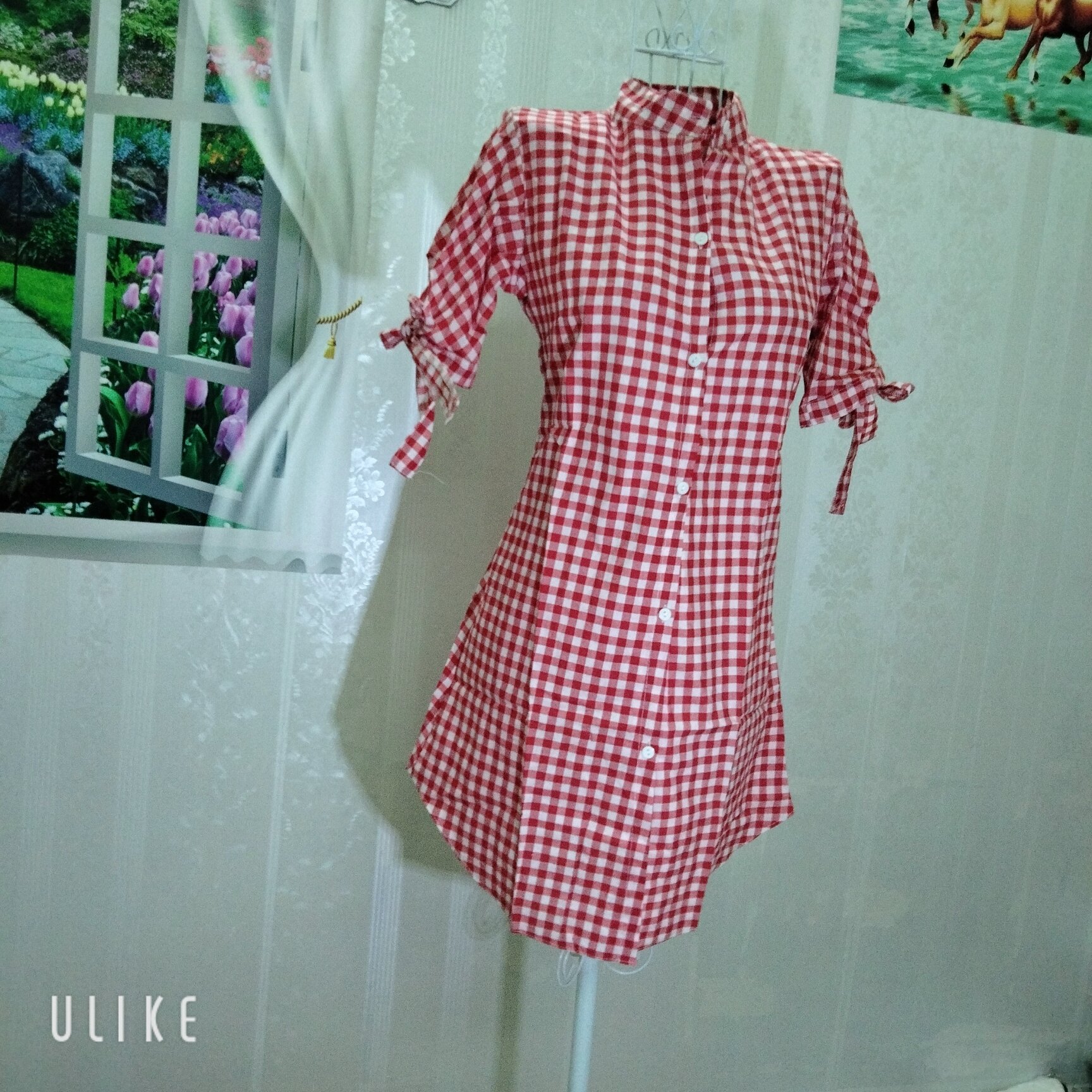 Đầm sơ mi caro dáng dài y ảnh