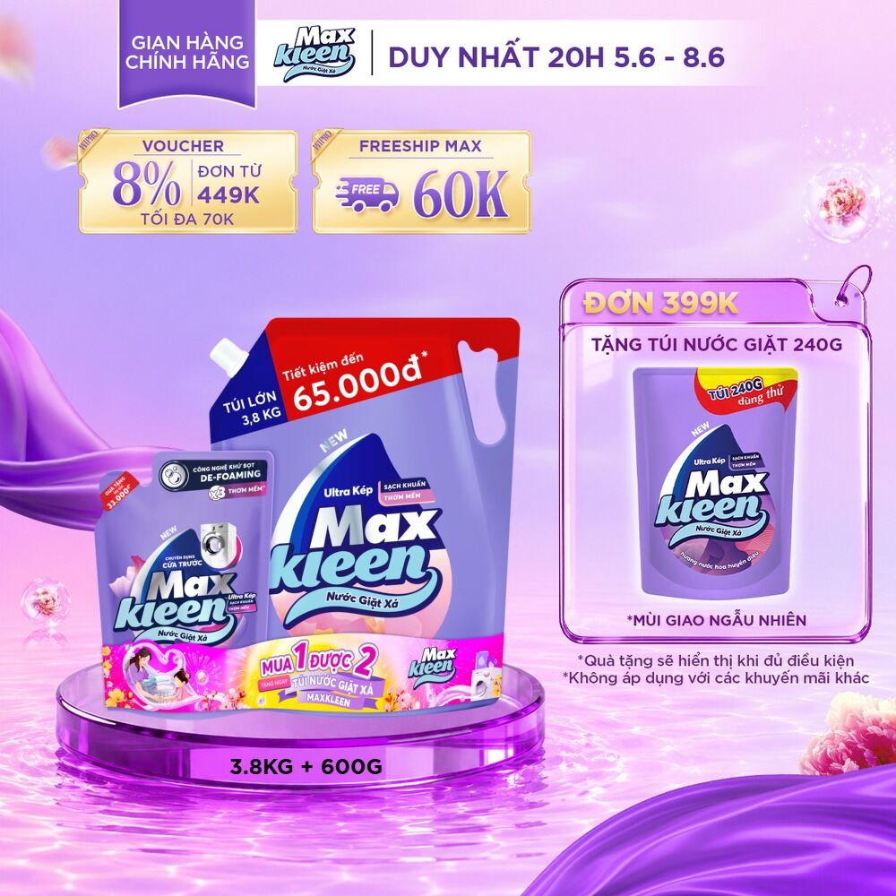 Combo Nước giặt xả MaxKleen Hương Hoa Nắng: 1 Túi 3.8kg + 1 Túi 600g