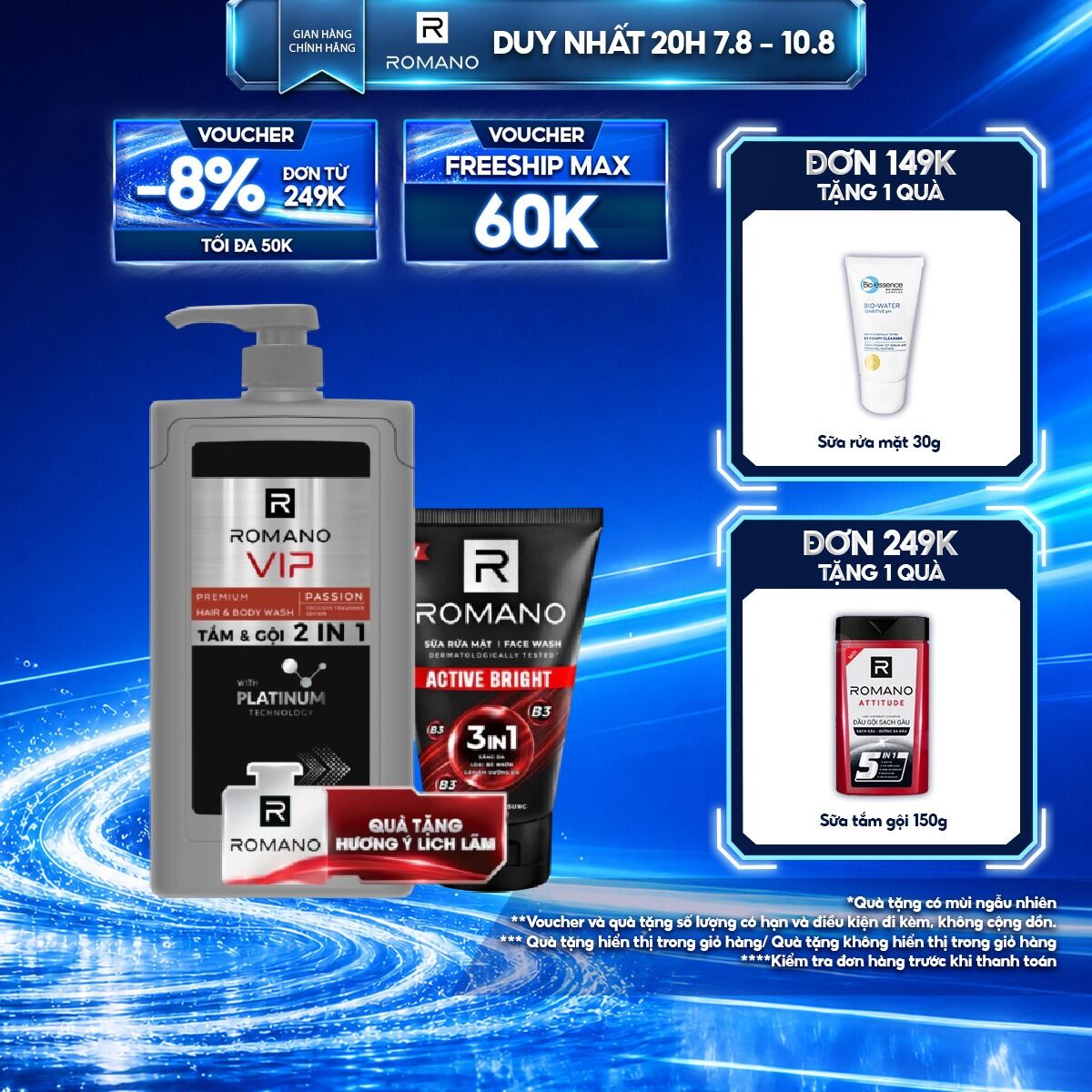 [Tặng kèm sữa rửa mặt 100 ml] Tắm gội 2 trong 1 Romano 2in1 Vip Passion 650g/chai