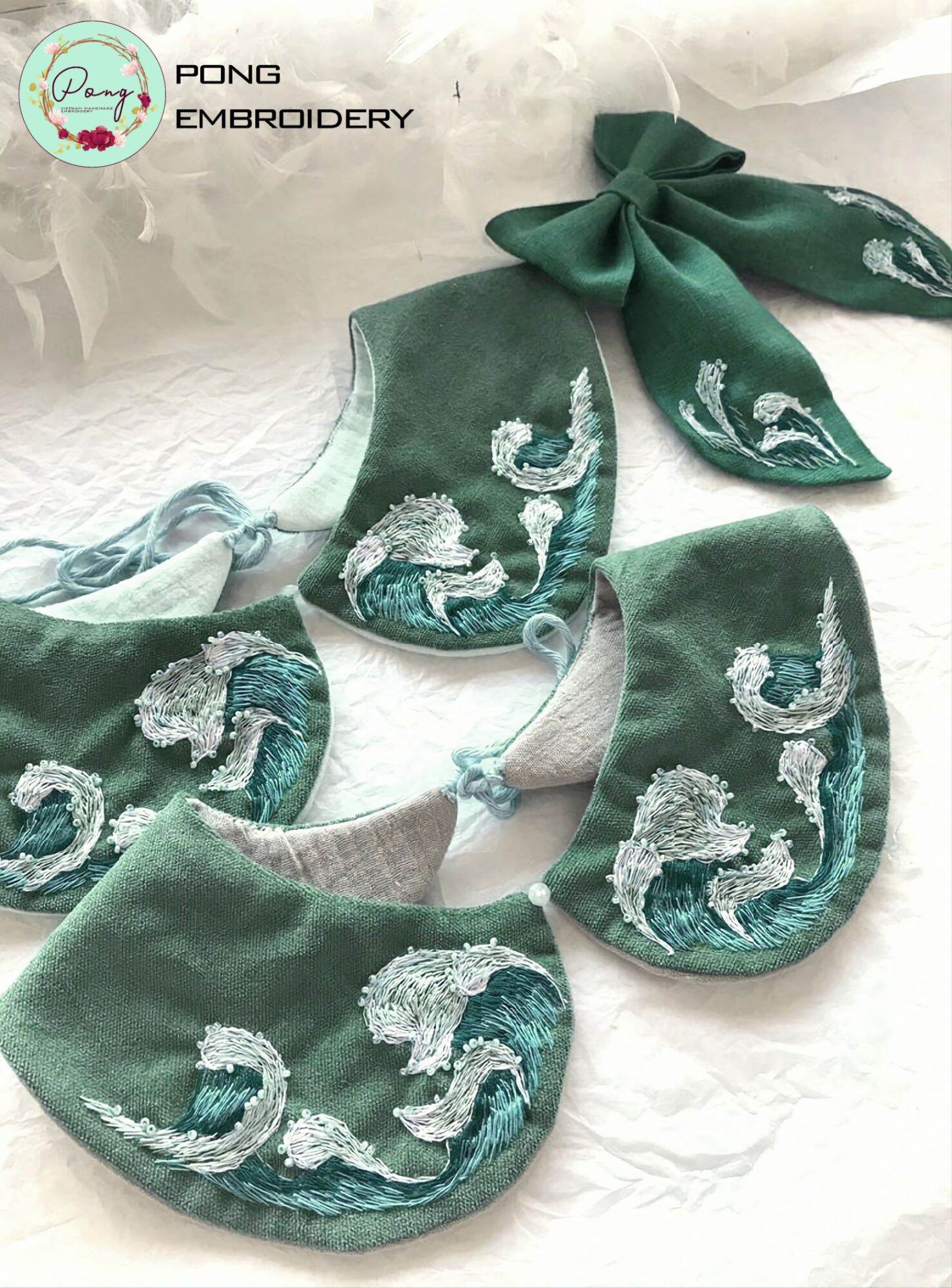 Cổ Áo Rời Nữ Thêu Tay Thủ Công Vải Linen Handmade Họa Tiết Sóng Biển - Pong Embroidery
