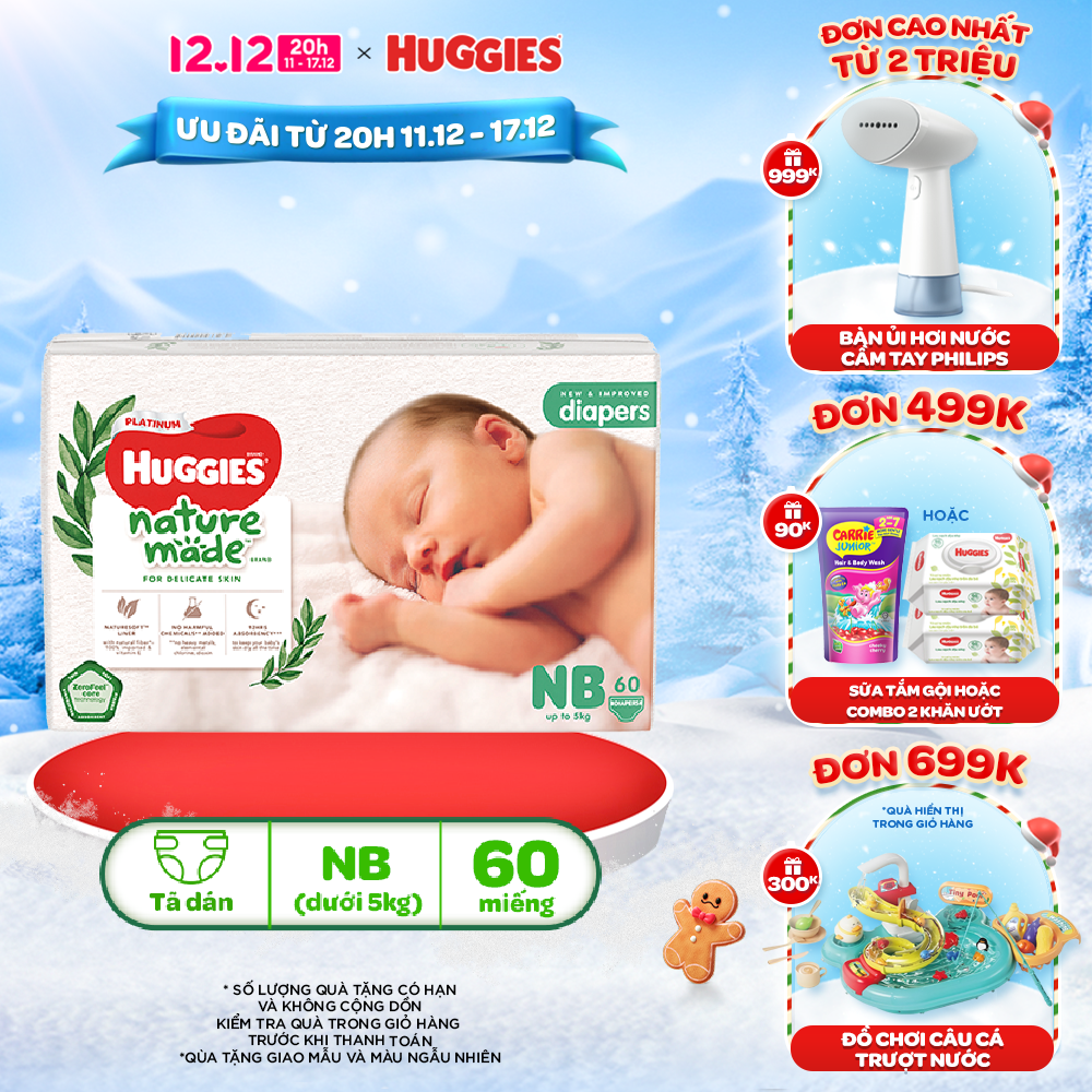 Tã/Bỉm dán sơ sinh Huggies Platinum NatureMade Super Jumbo NB60/S82