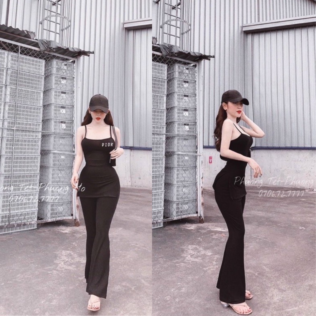 Set áo xẻ tà quần ống loe