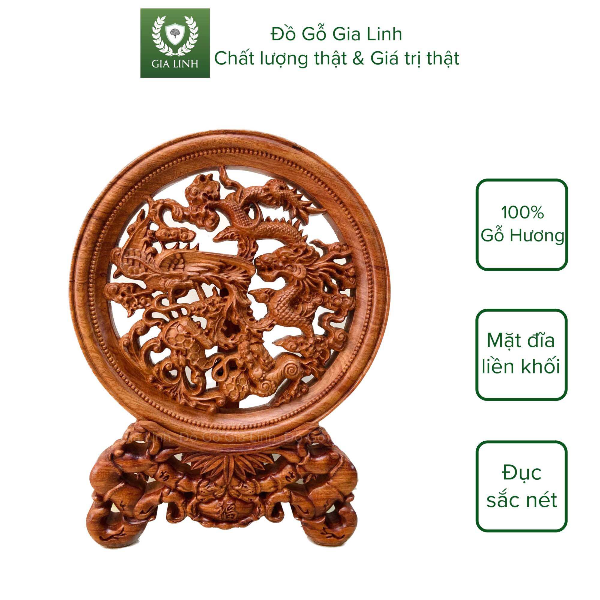 Đĩa gỗ Tứ Linh đục thủng Đồ Gỗ Gia Linh gỗ Hương đá liền khối kèm chân đế