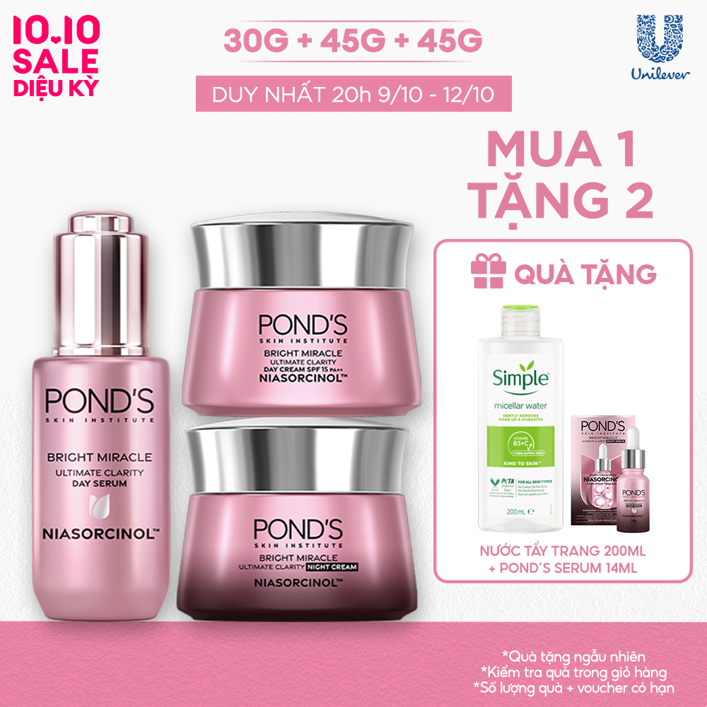 [VC 15% tối đa 80K đơn 399K] [Combo] Bộ 1 Serum ngày và kem dưỡng sáng da ngày & đêm Pond's Bright Miracle mờ thâm sạm với 50X Niasorcinol 30G+45G+45G