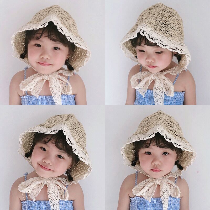 Mũ nón cói mềm phối ren đi biển cực xinh cho bé
