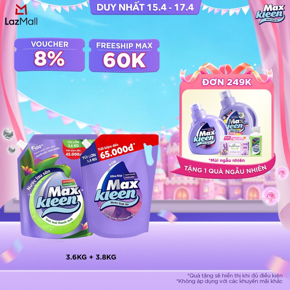 Combo Túi Nước Lau Sàn MaxKleen 3.6kg Ban Mai Thanh Mát + Túi Nước Giặt Xả MaxKleen 3.6kg/3.8kg (Hoa Nắng/Huyền Diêu/Vườn Sớm Mai/Thiên Nhiên)
