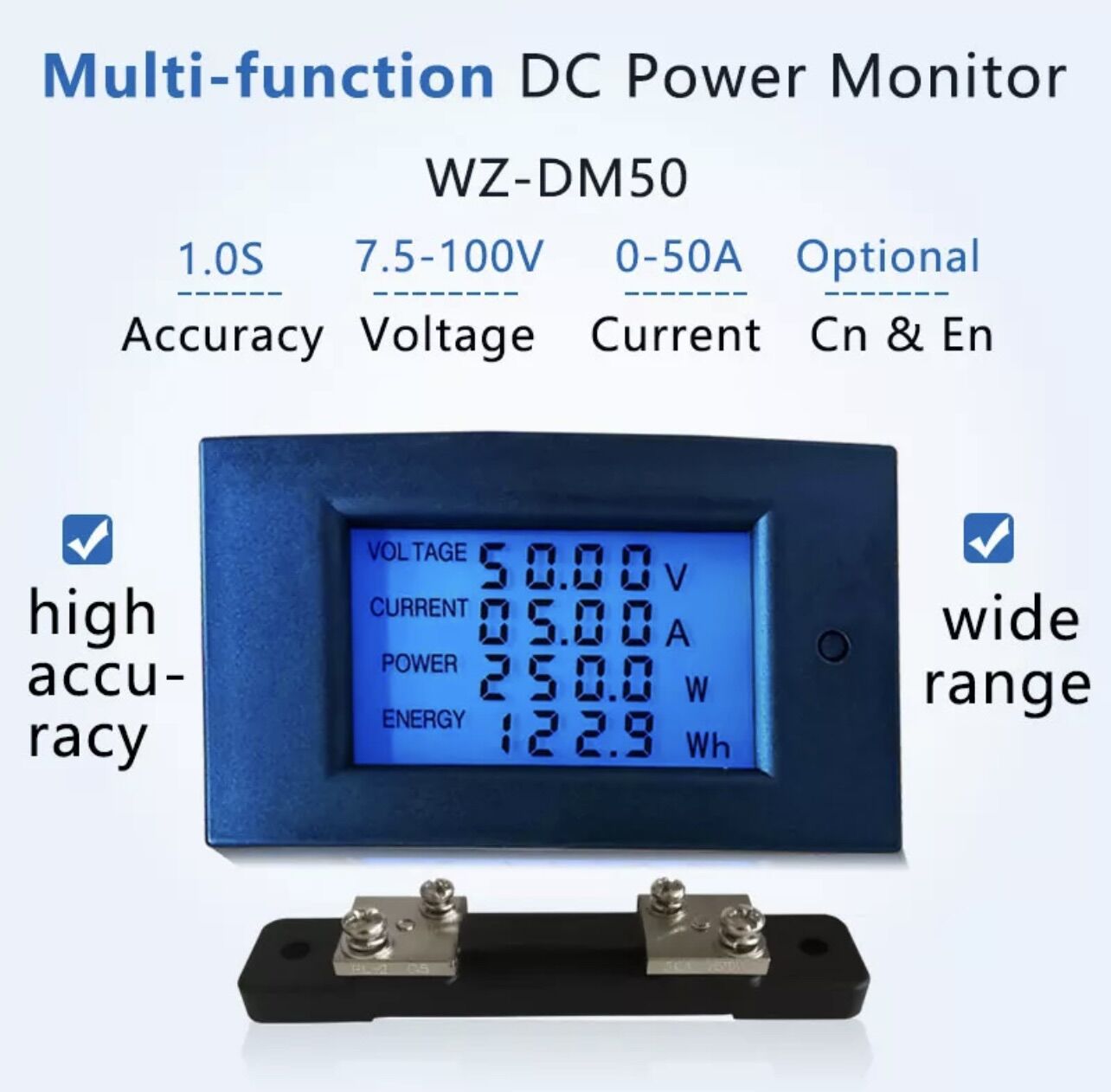 Đồng hồ đo công suất DC, đo được vôn, dòng, công suất và đếm công suất Wh