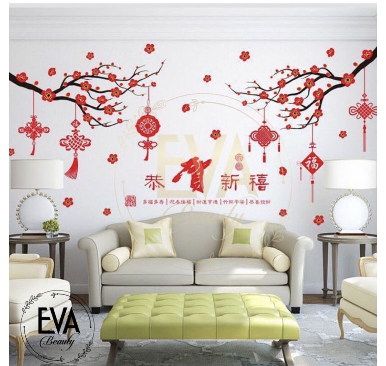 Decal dán tường dán kính trang trí tết họa tiết dây treo và hoa đào đỏ đón xuân xl845 m3290