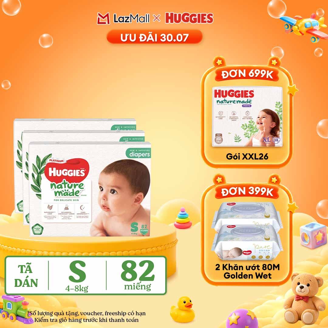 [30.7 QUÀ TẶNG ĐƠN 399K] Combo 3 Tã/Bỉm dán sơ sinh Huggies Platinum NatureMade S82 (4-8kg)-Gói Super Jumbo 82 miếng