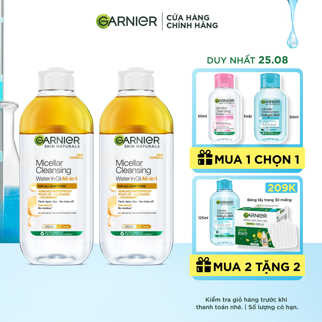 Bộ 2 nước tẩy trang làm sạch sâu dịu nhẹ & dưỡng ẩm chiết xuất tinh dầu Argan, cho da khô và da nhạy cảm- Garnier Micellar Water Bi Phase 400ml -Kitting