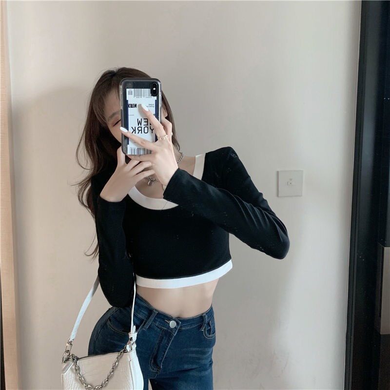 Áo croptop cổ tròn viền tay dài A36