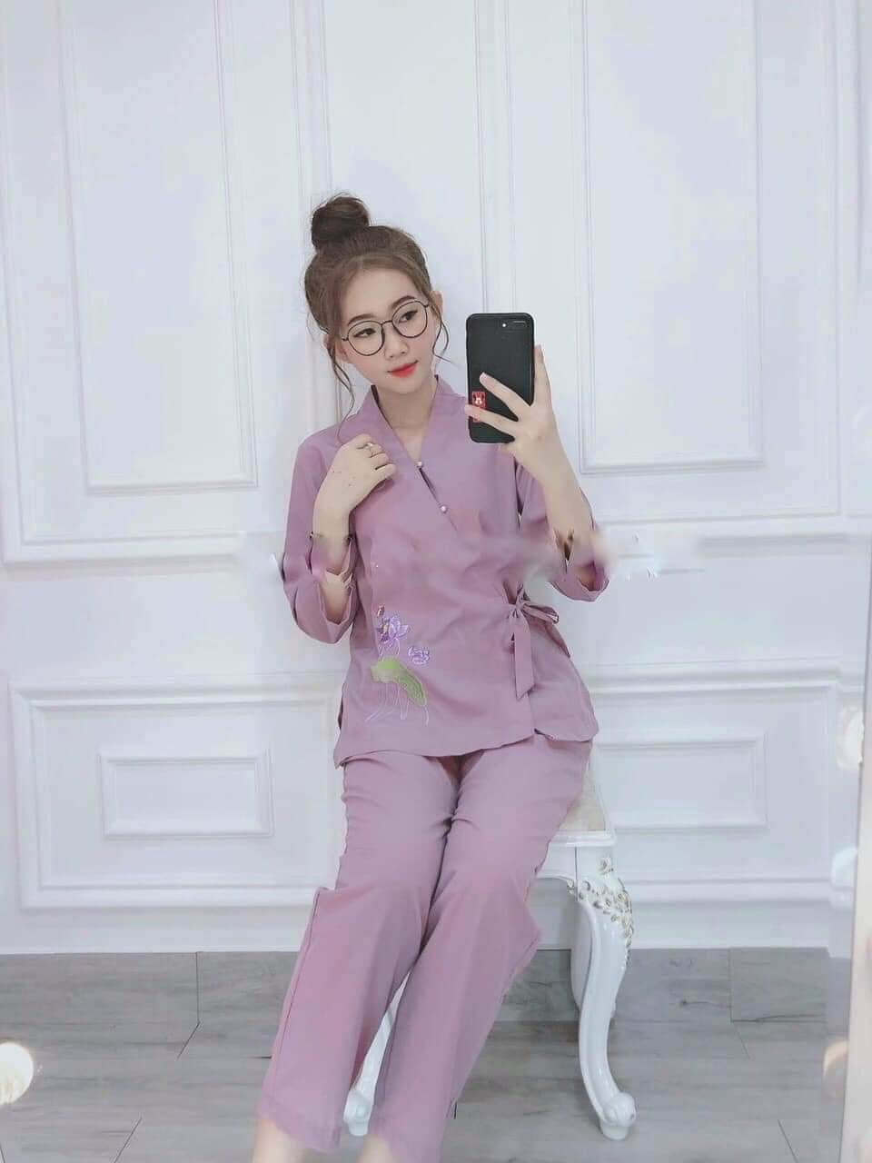 Bộ nữ đi chùa.chéo cột nơ vải kate