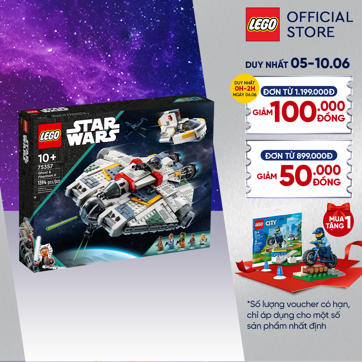 [ĐỘC QUYỀN LAZADA] LEGO STAR WARS 75357 Đồ chơi lắp ráp Tàu Vũ Trụ Ghost & Phantom II (1394 chi tiết)