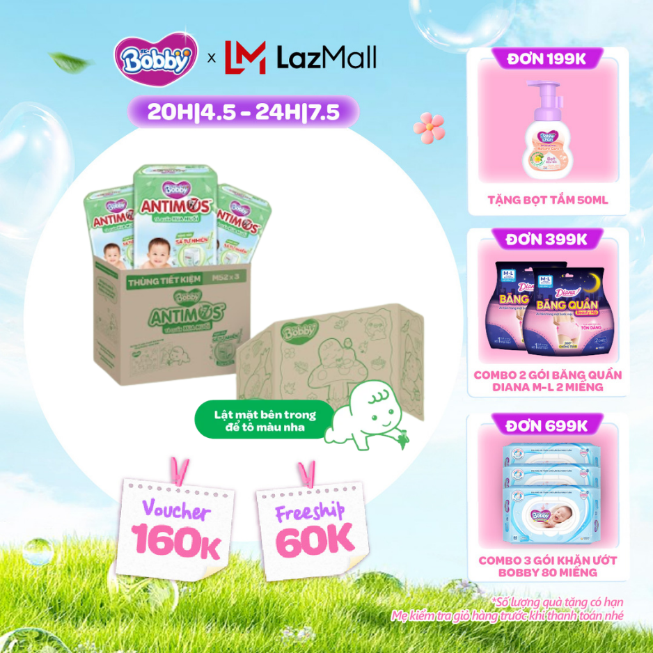 [CHỈ 20h 04-07.05 QT Đơn 899K/1199K][THÙNG TIẾT KIỆM TÔ MÀU] Combo 3 gói tã Quần Xua Muỗi Bobby Antimos – Hàng rào Sả tự nhiên Bye Muỗi 8H - M52