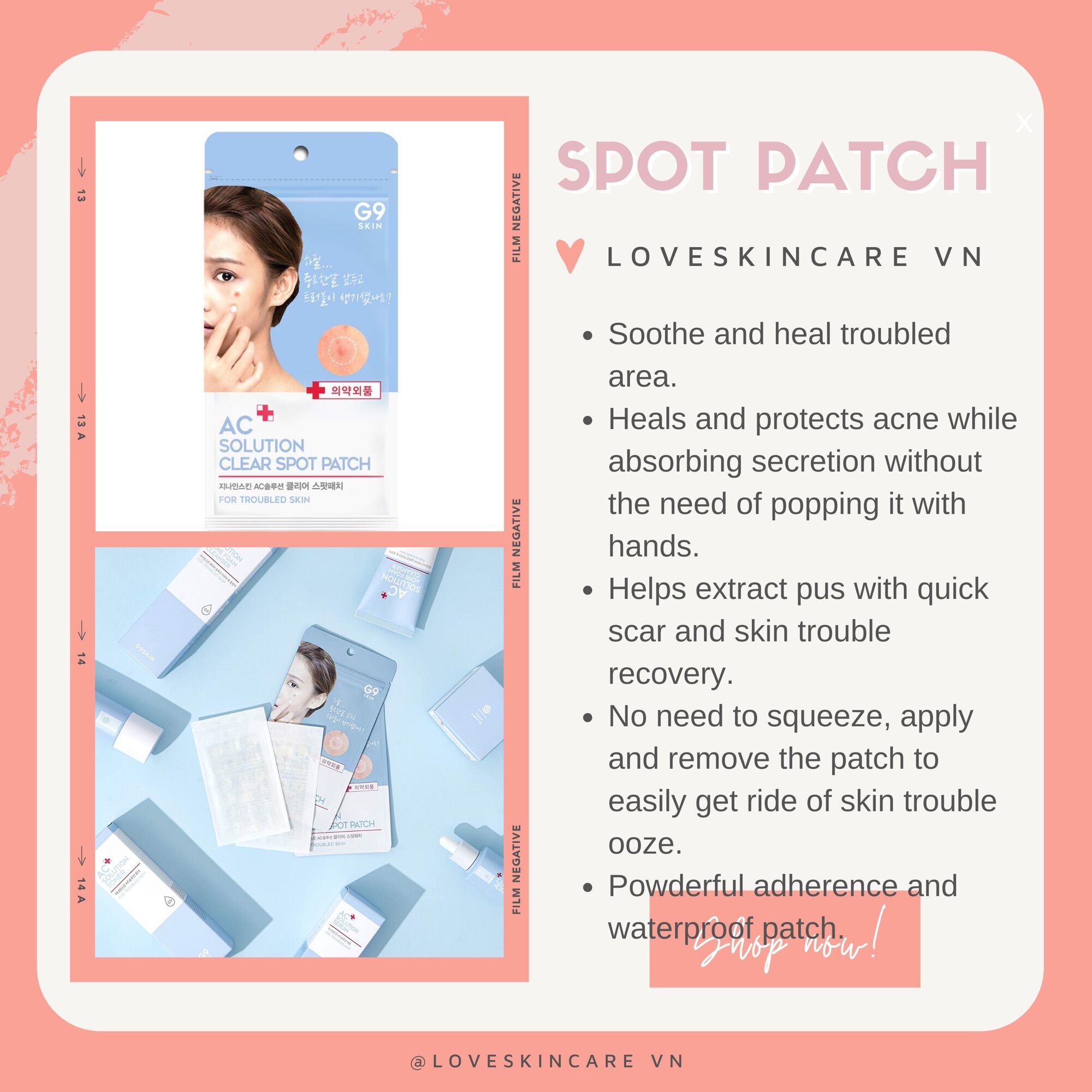Miếng dán hút mụn trong suốt, chống nước suốt 24h g9skin ac solution clear spot patch
