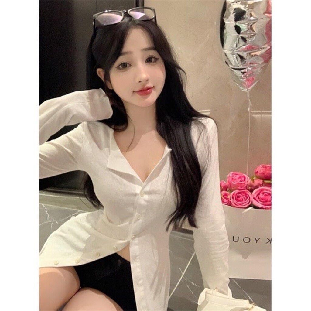 Áo thun nữ tay dài xẻ tà phối nút cài giữa siêu đẹp g71