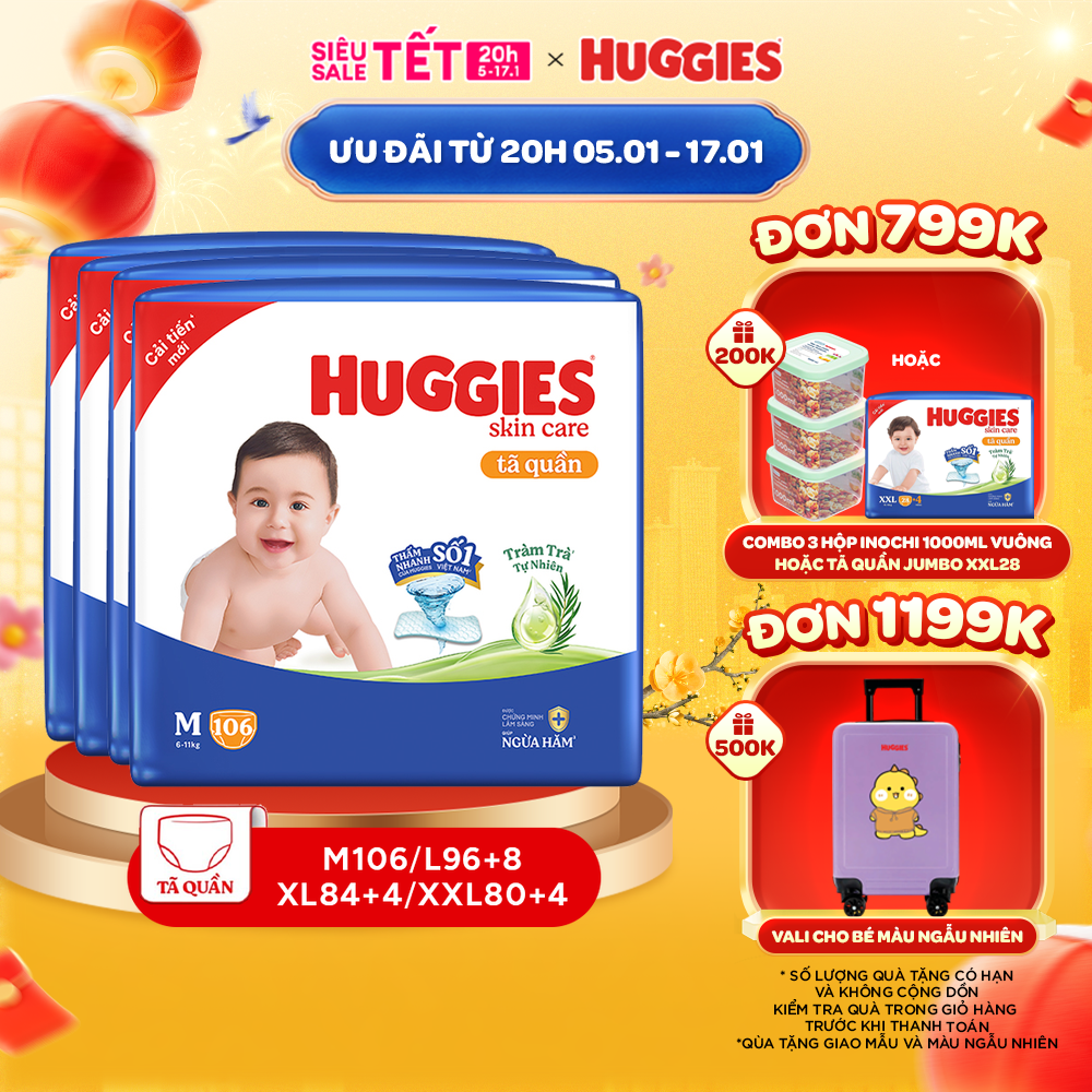 Combo 4 Tã/bỉm quần Huggies Skin Care Mega Jumbo M106/L96+8/ XL84+4/XXL76+4 với tràm trà dịu da