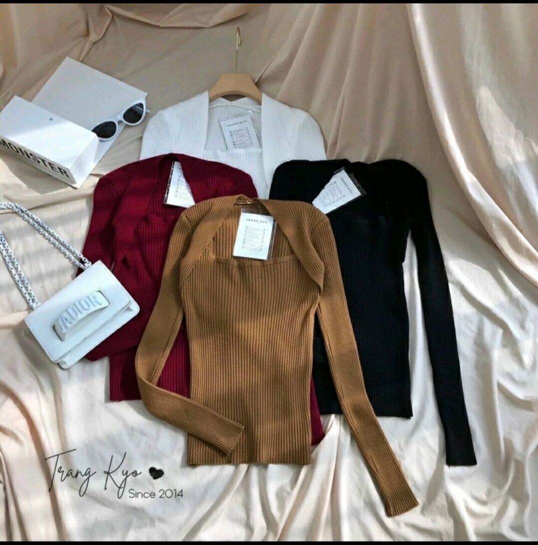Áo gân đũa cổ vuông tay dài sang trọng quý phái