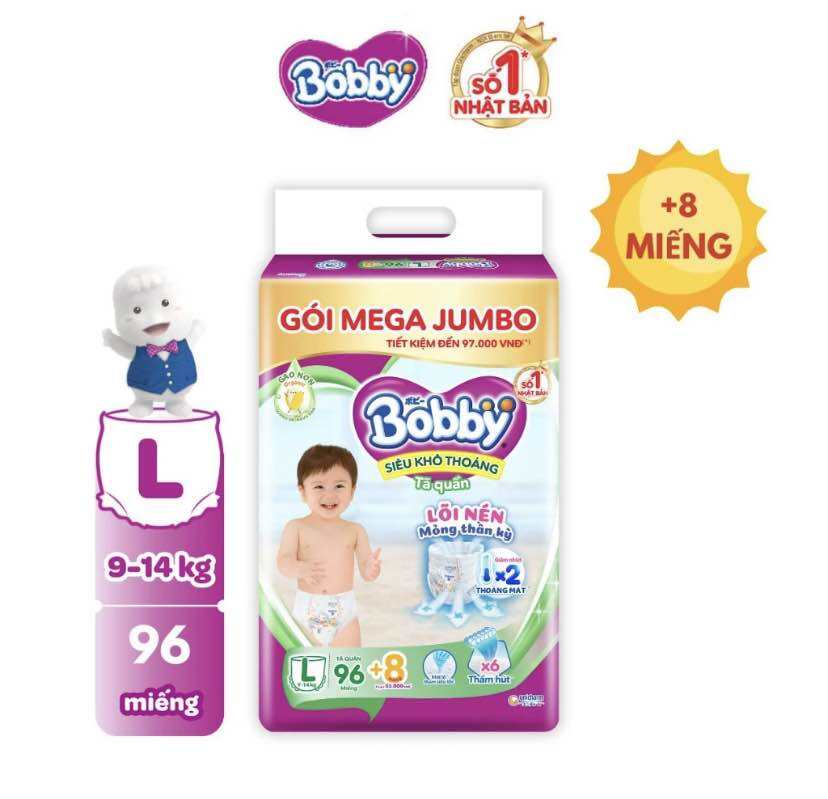 [ TẶNG THÊM 8 MIẾNG ] Tã quần Bobby Mega Jumbo L96 miếng Gạo non