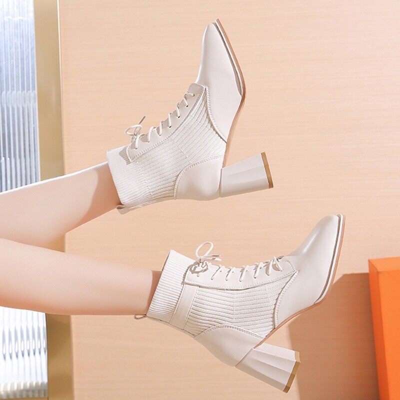 Giày bốt nữ da phối len đế cao 7cm sang chảnh gót vuông