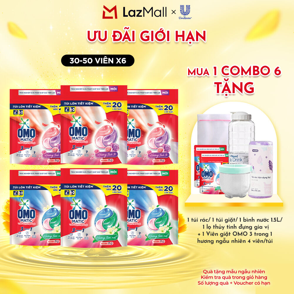 (Livestream) - Combo 6 túi viên giặt tiện lợi OMO 3 trong 1 Hương Tinh Tế/Tươi Mát 30-50 viên/túi (bao bì tùy lô nhập hàng)