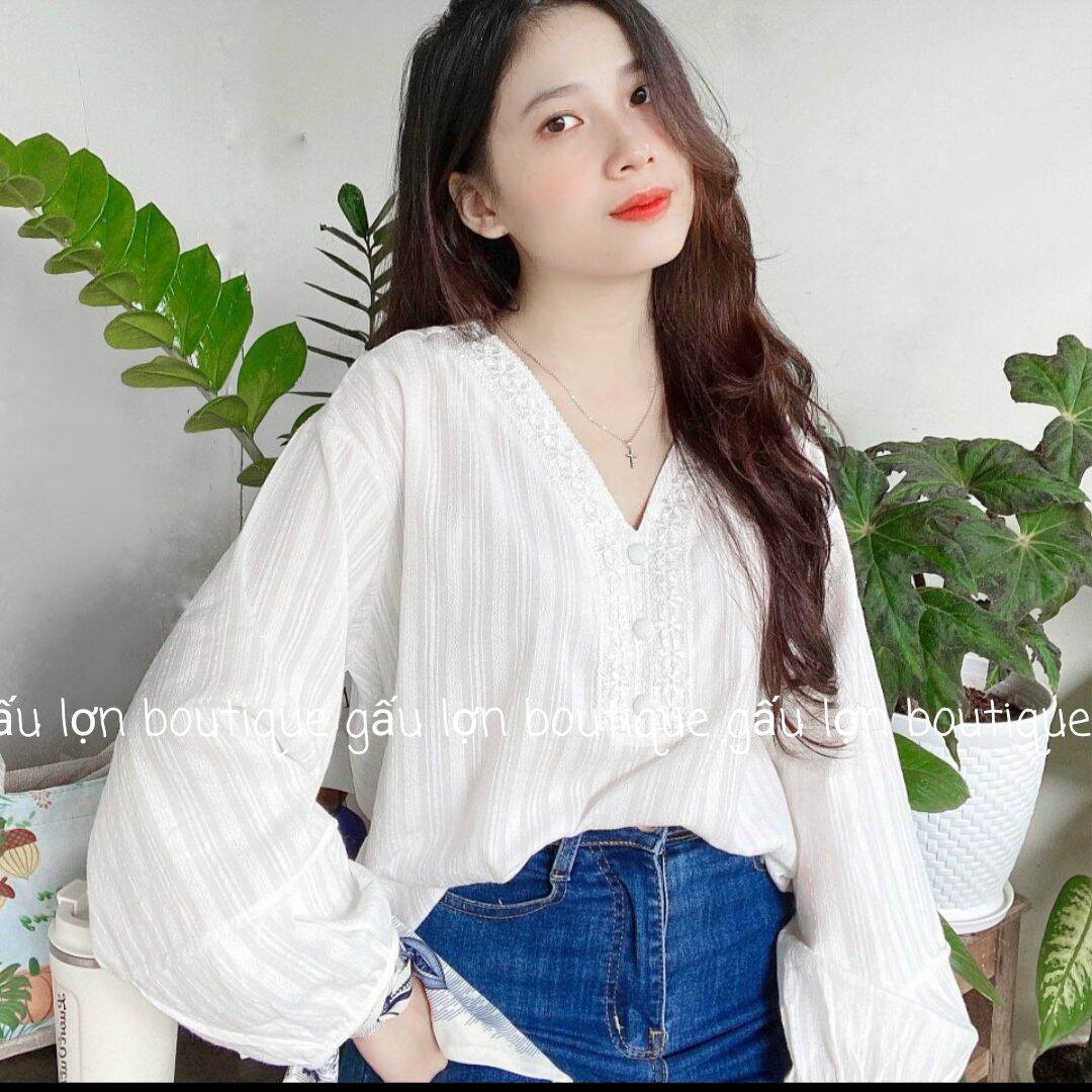 áo sơ mi kiểu cổ v cúc bọc vintage ảnh thật