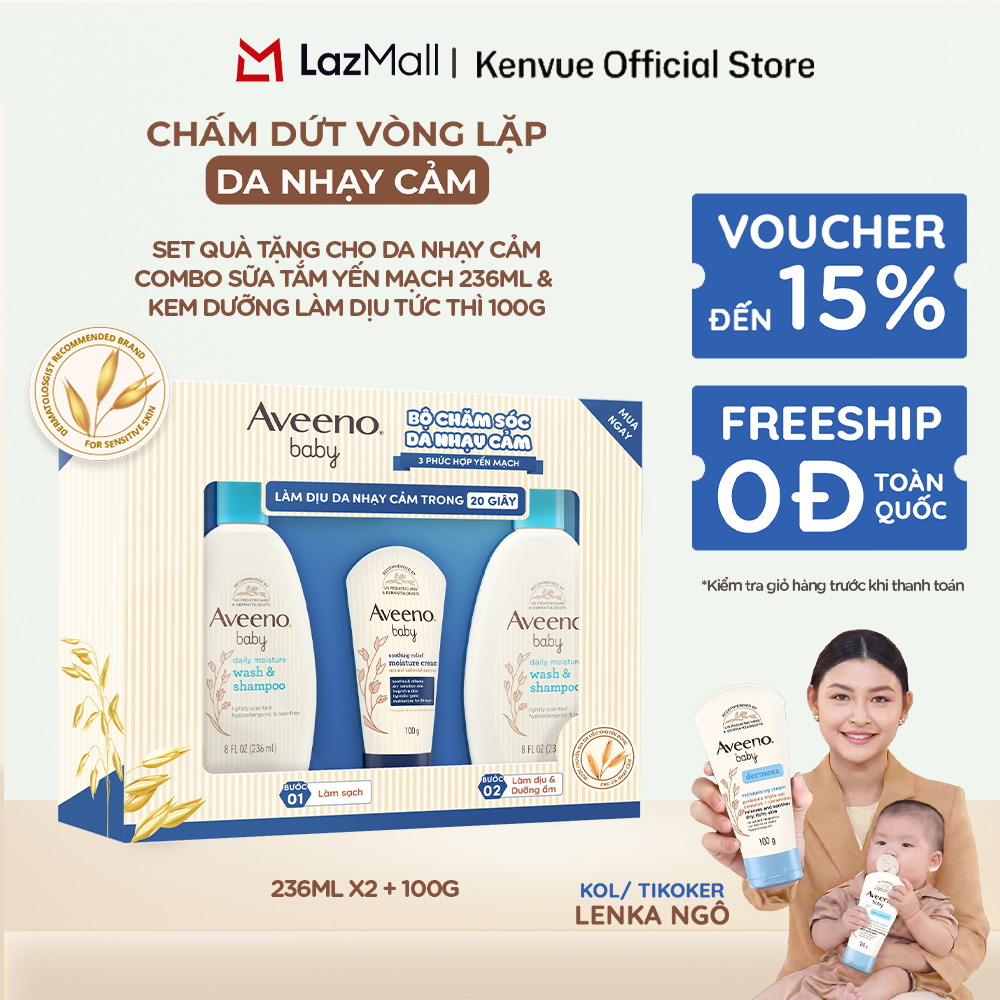 Bộ Dự Sinh Aveeno Baby - Sữa Tắm Yến Mạch 236ml x2, Kem Dưỡng Ẩm Tức Thì 100g