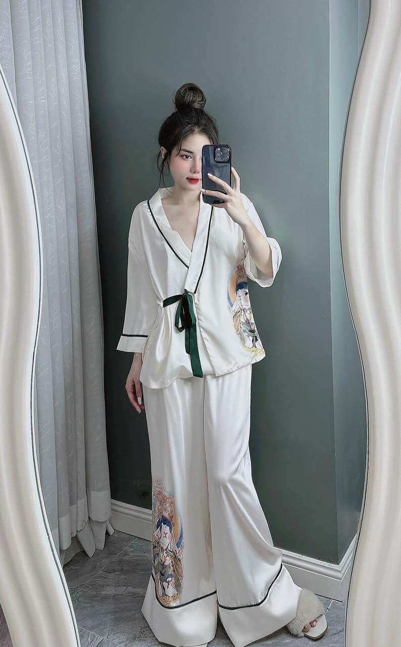 đồ bộ nữ pijama lụa xước kiểu dáng kimono dễ thương